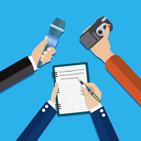 hands holding voice recorder, microphone and spiral notebook with pen. Mass media and press conference concept. journalism. vector illustration in flat styleのイラスト素材