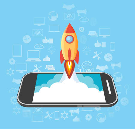 Rocket launched from the phone. start up idea. mobile development and technology. vector illustration in flat style on blue backgroundのイラスト素材