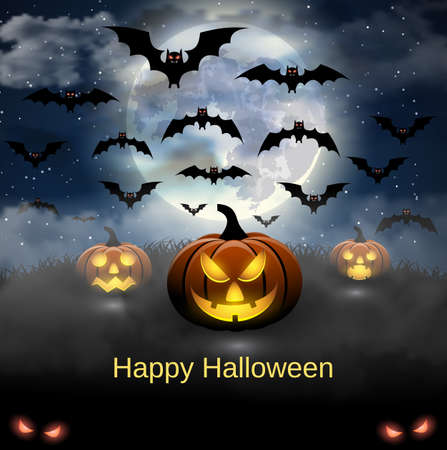Spooky card for Halloween. blue background with full moon and bats. Halloween Party with pumpkins. Vector Illustration.のイラスト素材