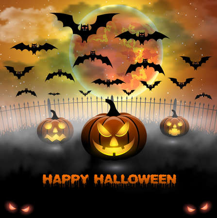 Spooky card for Halloween. orange background with full moon and bats. Halloween Party with pumpkins. Vector Illustration.のイラスト素材