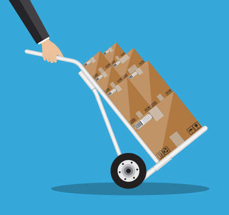 Metallic hand truck. delivery. hand truck icon. hand truck with brown boxes. illustration in flat design on blue backgroundのイラスト素材