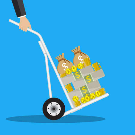 Business man with a hand truck full of money and coins. vector illustration in flat style on blue backgroundのイラスト素材