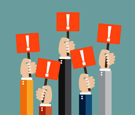 Five cartoon businessmens hands holding red sign boards with exclamation mark. Attention sign. illustration in flat design on green backgroundのイラスト素材