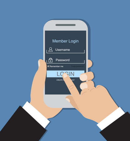 Man hand holding smart phone. Login form. Mobile account. Sign in screen on smartphone. vector illustration in flat style on green backgroundのイラスト素材