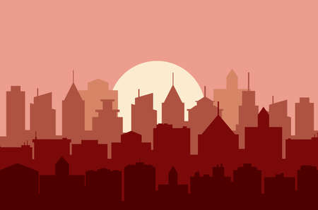 Evening cityscape . vector illustration in a flat design. City landscape at twilight. Sunset background. City skyline at sunset.のイラスト素材