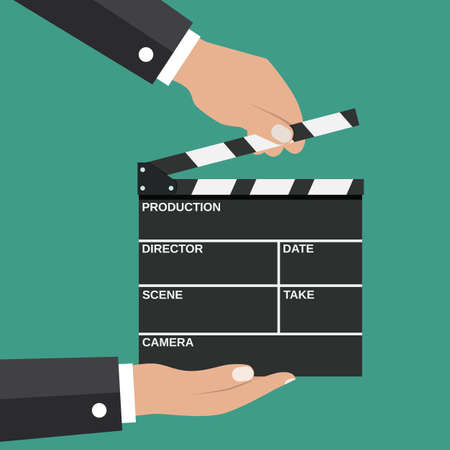 Black opened clapperboard in hands. Movie clapper board. vector illustration in flat style on green backgroundのイラスト素材