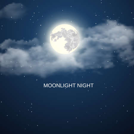 Night sky background with full moon, clouds and stars. Vector illustration.のイラスト素材
