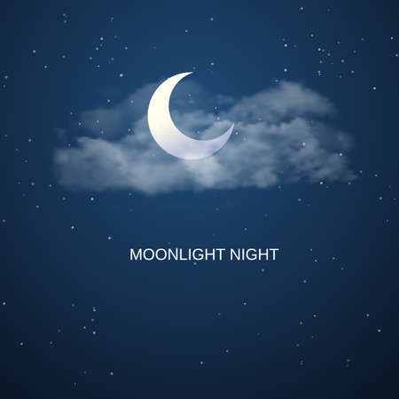 Night sky background with half moon, clouds and stars. Vector illustration.のイラスト素材