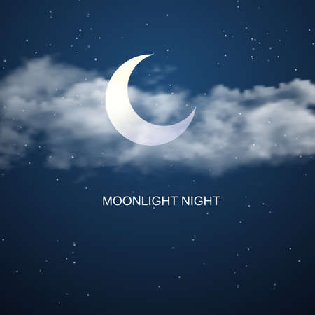 Night sky background with half moon, clouds and stars. Vector illustration.のイラスト素材