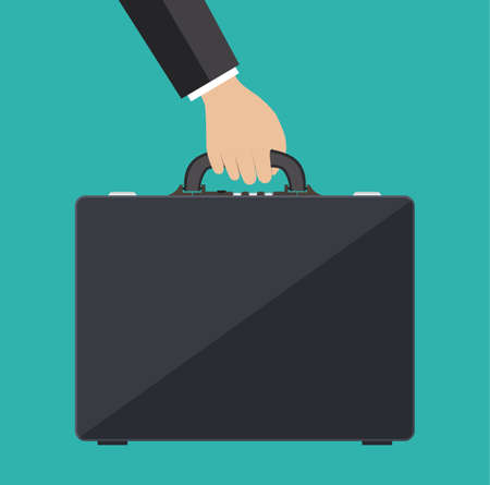 cartoon businessman hand holding black leather briefcase. vector illustration in flat design on green backgroundのイラスト素材