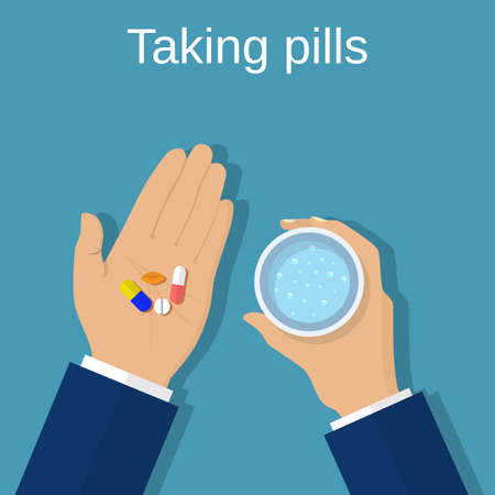 Taking the pills, medical drugs. Man holds in hands the capsule, tablet and a glass of water. Vector illustration flat design. Medical treatment concept. Healthcare.のイラスト素材