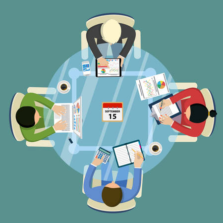 Teamwork analyzing, planning, analyzing project strategy brainstorming research development financial management, marketing research. Concept business. Vector illustration in flat design.のイラスト素材
