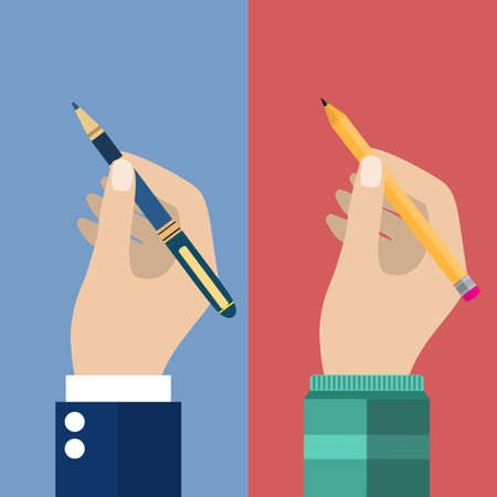Man holding a pencil and pen for writing. Vector illustration in flat design. Writer, journalist, student. Hand writing man.のイラスト素材