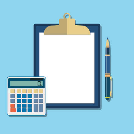 Clean sheet of paper for calculations. Calculator, clipboard, pen. Income, taxes, data analytics, planning, report. Calculation concept. Vector illustration in flat designのイラスト素材