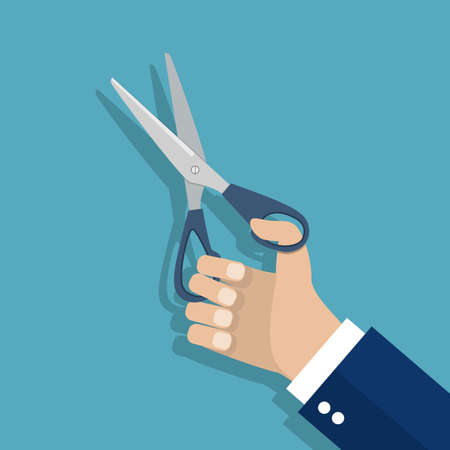 Man holding Scissors in hand. Vector illustration in flat design. Isolated on background. Man hairdresser, tailor.のイラスト素材