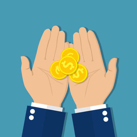 Coins in hand, money in hand. Concept of charity alms donate. Receive, giving, to take, ask for money. Financial support. Vector illustration in flat design.のイラスト素材