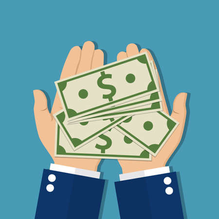 Coins in hand, money in hand. Concept of charity alms donate. Receive, giving, to take, ask for money. Financial support. Vector illustration in flat design.のイラスト素材