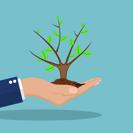 Ecology concept. . Tree with soil in hands human. Vector illustration in flat designのイラスト素材