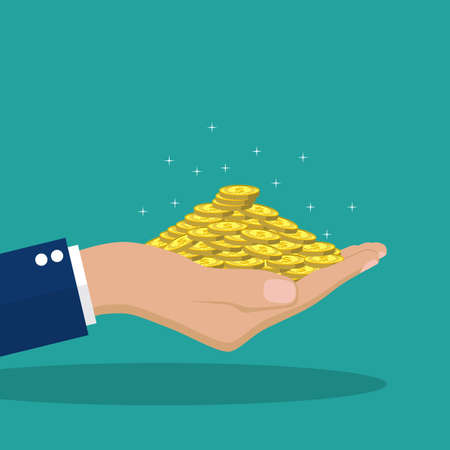 Flat background with Buisness man hand and money. Money making and saving. Pay per click and online shopping. vector illustration in flat design. infographics web design elementsのイラスト素材