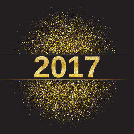 Gold glitter Happy New Year 2017 background. Glittering texture. Gold sparkles with frame. Design element for festive banner, card, invitationのイラスト素材