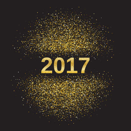 Gold glitter Happy New Year 2017 background. Glittering texture. Gold sparkles with frame. Design element for festive banner, card, invitationのイラスト素材