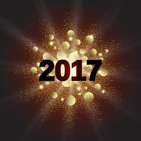Gold glitter Happy New Year 2017 background. Glittering texture. Gold sparkles with frame. Design element for festive banner, card, invitationのイラスト素材
