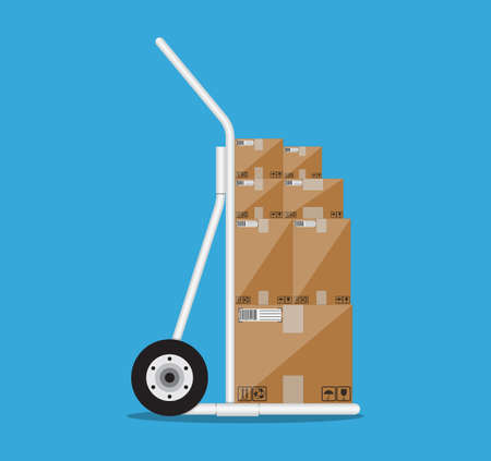 Metallic hand truck. delivery. hand truck icon. hand truck with brown boxes. vector illustration in flat design on blue backgroundのイラスト素材