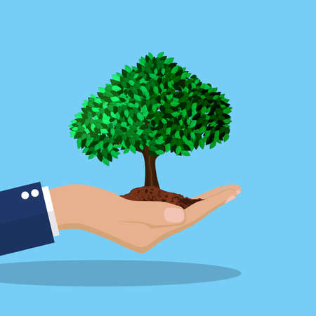 Ecology concept. . Tree with soil in hands human. Vector illustration in flat designのイラスト素材