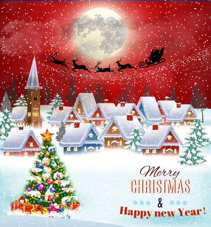 New year and Christmas winter landscape with christmas tree . background with moon and the silhouette of Santa Claus flying on a sleigh. concept for greeting or postal card, vector illustrationのイラスト素材