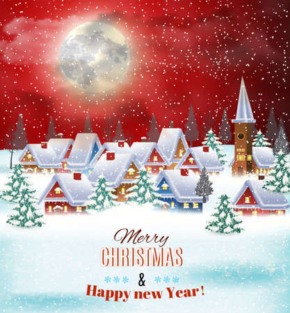 New year and Christmas winter village night landscape background. Vector illustration. concept for greeting or postal cardのイラスト素材