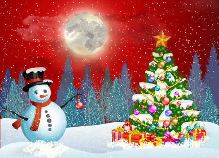 Vector illustration of a cute snowman decorating a Christmas tree. concept for greeting or postal card. New year and Christmas winter landscape backgroundのイラスト素材