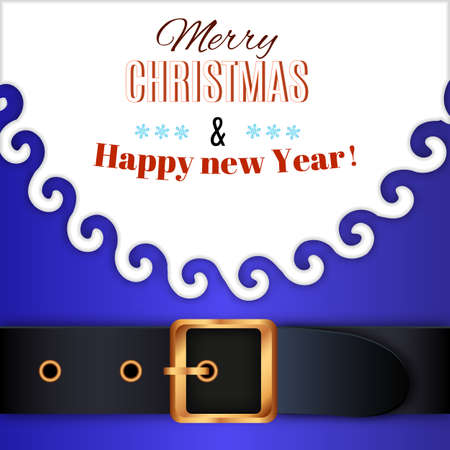 Merry Christmas background. blue Santa Claus suit, leather belt with gold buckle, white beard, concept for greeting or postal card, vector illustrationのイラスト素材