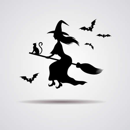 young Witch silhuette flying on a broomstick icon. Vector illustrationのイラスト素材