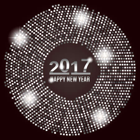 New Year 2017 celebration background. Happy New Year silver type on black background with silver disco lights frame. Greeting card template. Vector illustration.のイラスト素材