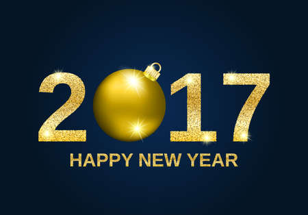 Gold glitter Happy New Year 2017 greeting card background, with gold christmas ball and gold sparkle textのイラスト素材