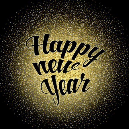 Gold glitter Happy New Year glowing background. Glittering texture. Gold sparkles with frame. Design element for festive banner, card, invitationのイラスト素材