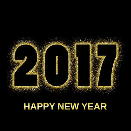 Gold glitter Happy New Year 2017 background. Glittering texture. Gold sparkles with frame. Design element for festive banner, card, invitationのイラスト素材