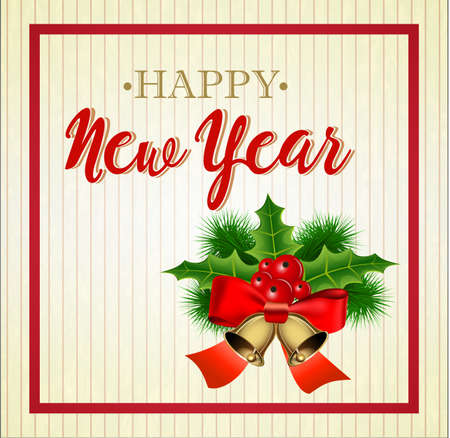 Happy New Year greetings card. Christmas holly, bell and red bow. Christmas and new year background for your design. Vector illustrationのイラスト素材