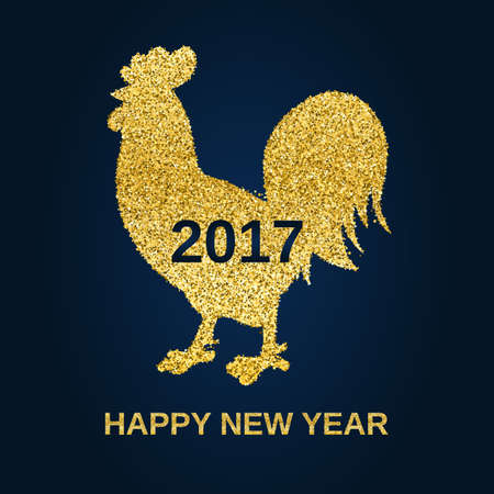 Golden glitter rooster on black background. Chinese calendar for the year of golden rooster 2017. Happy new year 2017. Vector illustration. Design element for festive banner, card, invitationのイラスト素材