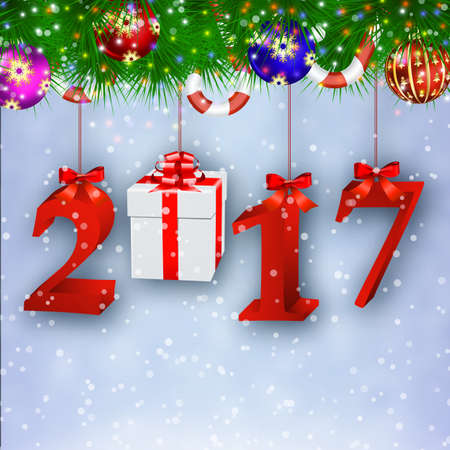 2017 New Years background with giftbox hanging from the the fir tree. concept for greeting or postal card. vector illustrationのイラスト素材