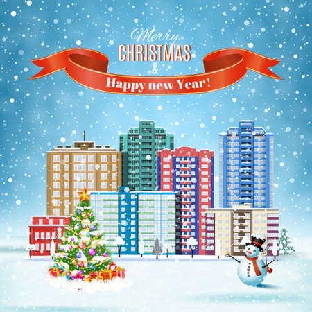 happy new year and merry Christmas winter city street with christmas tree and snowman with gifbox. concept for greeting and postal card, invitation, template, vector illustrationのイラスト素材
