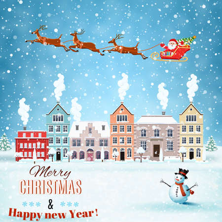 happy new year and merry Christmas winter old town street with trees. Santa Claus with deers in sky above the city. concept for greeting and postal card, invitation, template, vector illustrationのイラスト素材