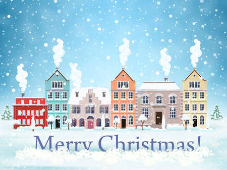 happy new year and merry Christmas winter old town street with trees. Santa Claus with deers in sky above the city. concept for greeting and postal card, invitation, template, vector illustrationのイラスト素材