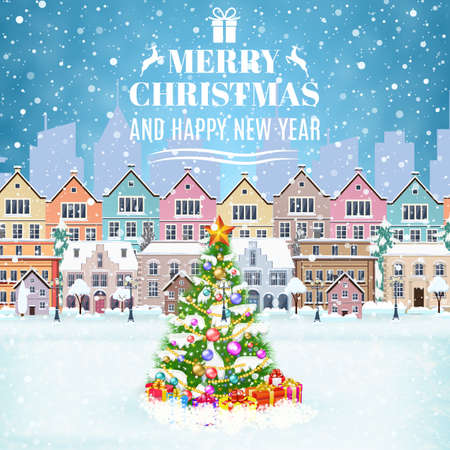 happy new year and merry Christmas winter old town street with christmas tree. concept for greeting and postal card, invitation, template, vector illustration. Christmas vintage cardのイラスト素材