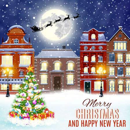 happy new year and merry Christmas winter old town street with christmas tree. Santa Claus with deers in sky above the city. concept for greeting, postal card, invitation, template,のイラスト素材