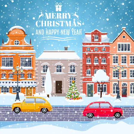 happy new year and merry Christmas winter old town street with christmas tree and car. concept for greeting and postal card, invitation, template, vector illustration. Christmas vintage cardのイラスト素材
