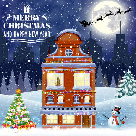 retro merry christmas night illustration city houses facades with christmas trees and snowman. Santa Claus with deers in sky above the city. concept for greeting and postal card, invitation, templateのイラスト素材