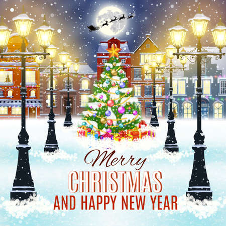 happy new year and merry Christmas winter old town street with christmas tree. Santa Claus with deers in sky above the city. concept for greeting, postal card, invitation, template,のイラスト素材