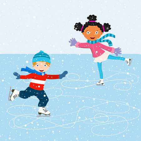 Winter scene with skating children. Illustration of kids having fun in the winter skating rink. Children boy and girl on the winter ice-skating rink. vector illustrationのイラスト素材