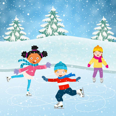 Winter scene with skating children. Illustration of kids having fun in the winter skating rink. Children boy and girl on the winter ice-skating rink. vector illustrationのイラスト素材